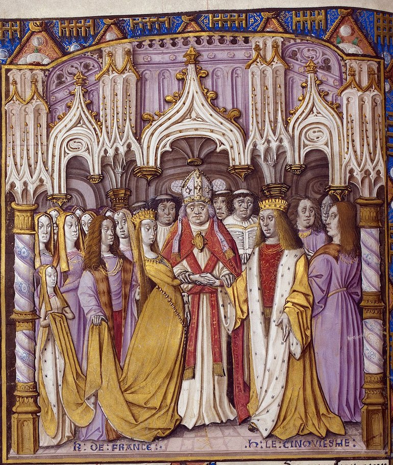 Late 15th-century depiction of Henry's marriage to Catherine of Valois. British Library, London. Photo Credit: © Public Domain via Wikimedia Commons.