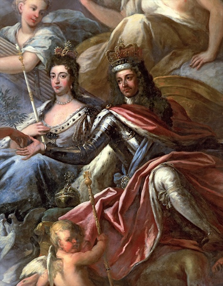William and Mary depicted on the ceiling of the Painted Hall, Greenwich, by Sir James Thornhill. Photo Credit: © Public Domain via Wikimedia Commons.