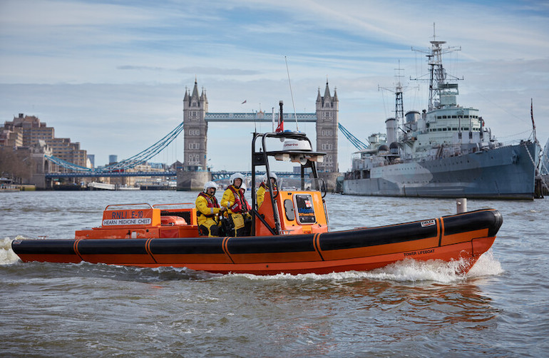 RNLI Lifeboat near HMS Belfast & Tower Bridge. Photo Credit: © RNLI Lifeboats in London. Photo Credit: © RNLI.