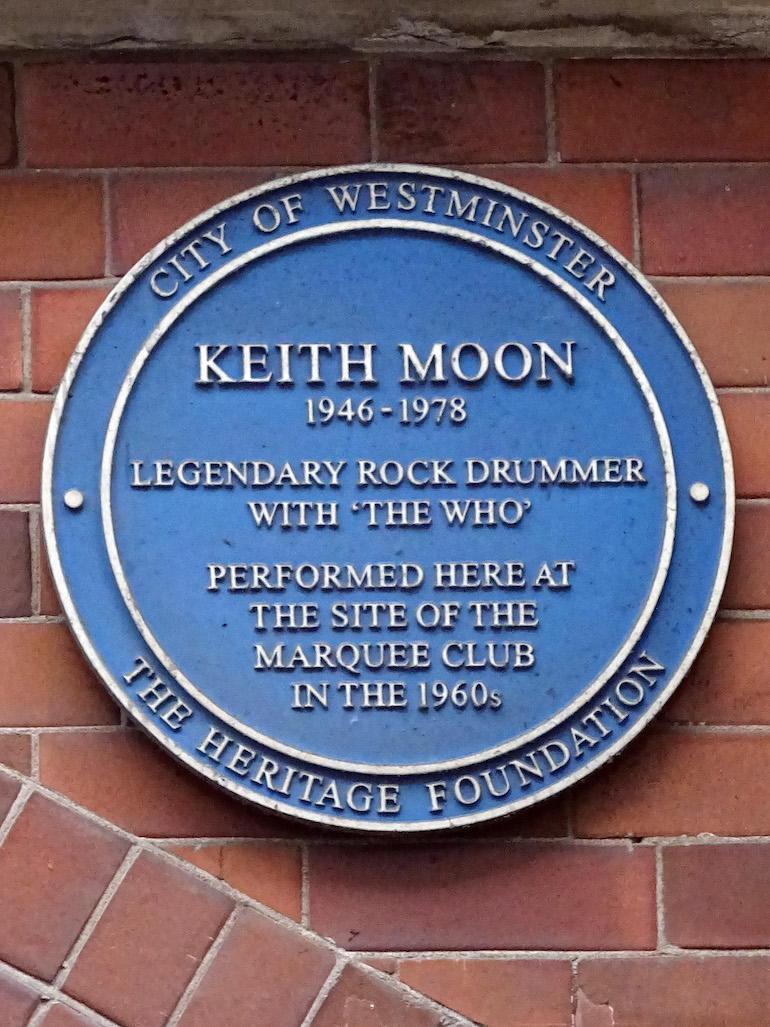 Blue plaque for legendary rock dummer Keith Moore at Marquee Club in London. Photo Credit: © Spudgun67 via Wikimedia Commons.