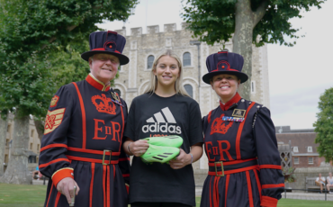 English footballer Alessa Russo with Yeomen Warders at the Tower of London. Photo Credit: © Historic Royal Palaces.