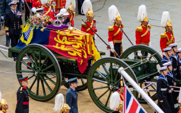 Coffin for Queen Elizabeth II on gun carriage. Photo Credit: © Public Domain via Department for Digital, Culture, Media and Sport.