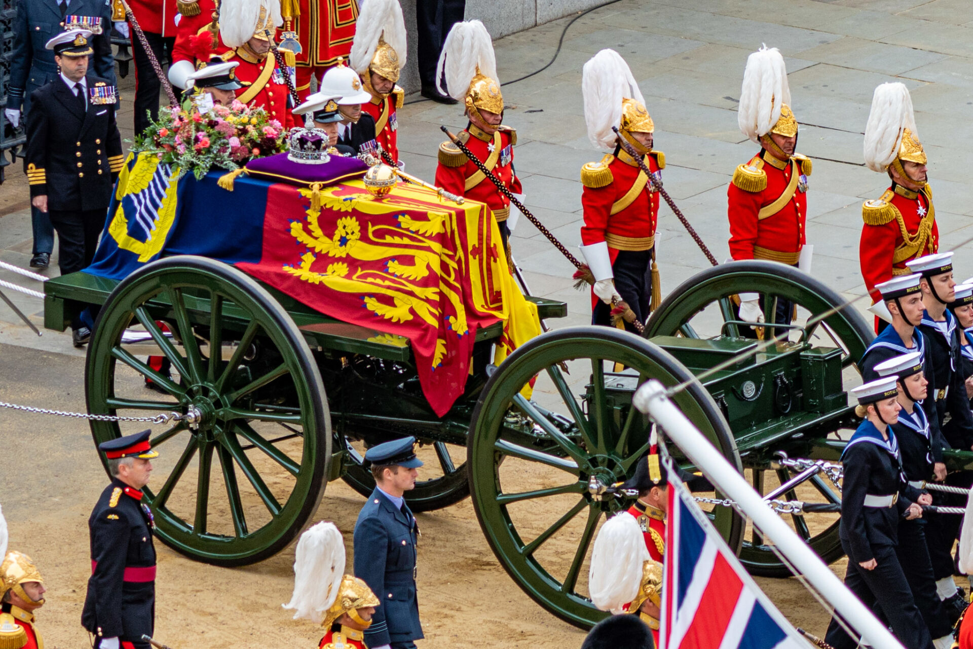Coffin for Queen Elizabeth II on gun carriage. Photo Credit: © Public Domain via Department for Digital, Culture, Media and Sport.