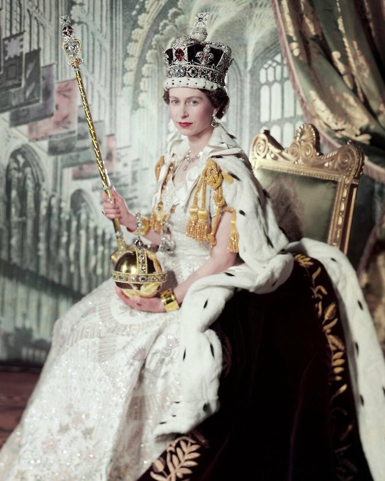 Coronation portrait of Queen Elizabeth II, June 1953, London, England. Photo Credit: © Public Domain via Wikimedia Commons.