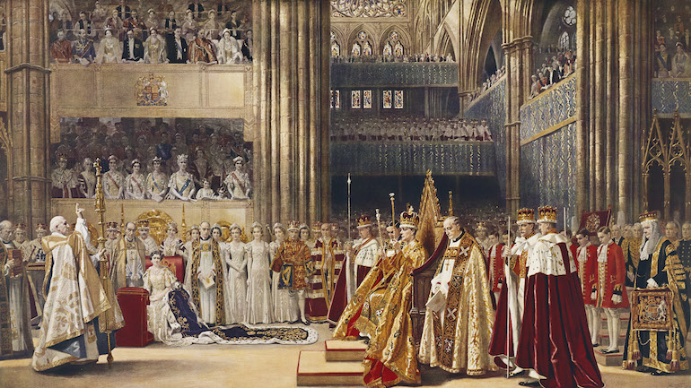 Painting depicting the Coronation of H.M. George VI and Queen Elizabeth. 1937. Photo Credit: © Public Domain via Wikimedia Commons.