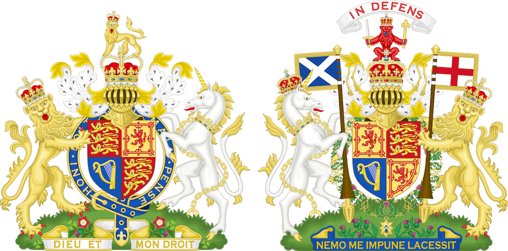 British Royal coat of arms - the common version on the left; Scottish version on the right. Photo Credit: Public Domain via Wikimedia Commons.
