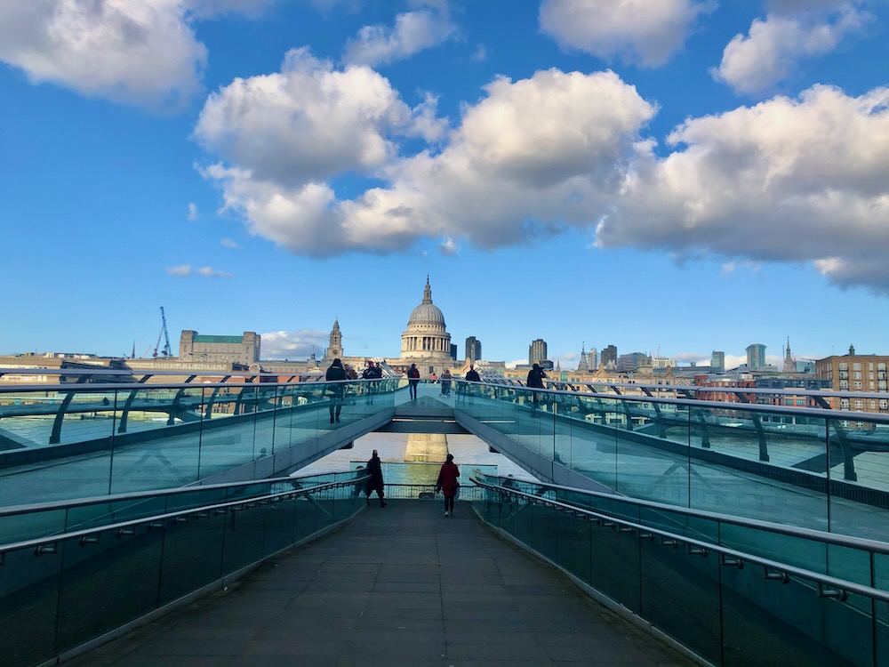 At entrance to London Millennium Bridge near Tate Modern. Photo Credit: © Ursula Petula Barzey.