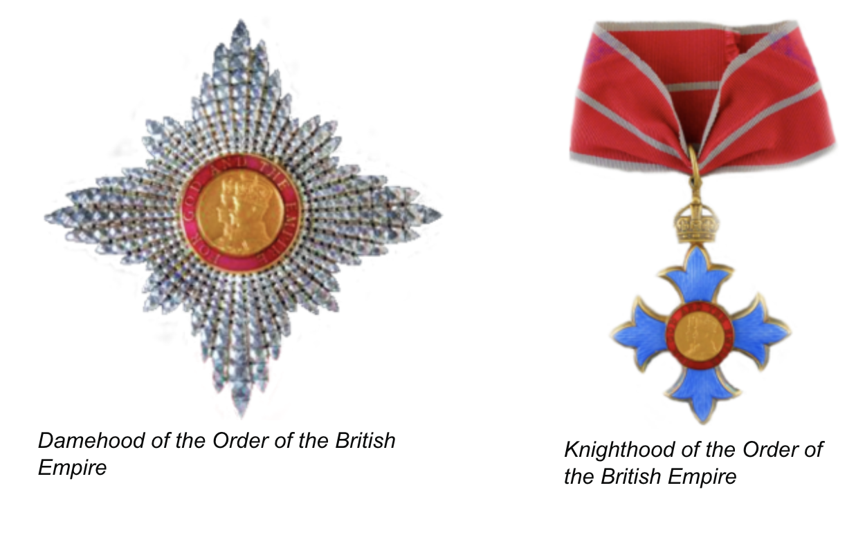 UK Honour System: Damehood and Knighthood medals. Photo Credit: © UK Cabinet Office.