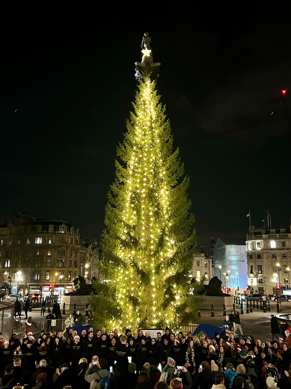 Carol singing at Christmas tree in Trafalgar Square in London. Photo Credit: © Ursula Petula Barzey.
