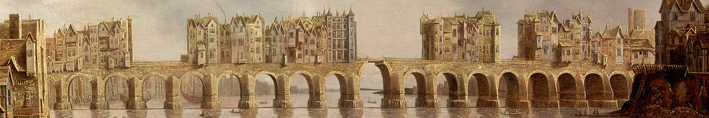Detail of Old London Bridge on 1632 oil painting View of London Bridge by Claude de Jongh. Photo Credit: © Public Domain via Wikimedia Commons.