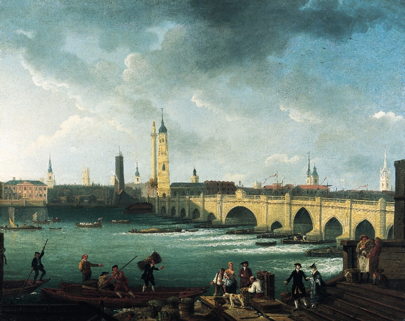London Bridge from Pepper Alley Stairs by Herbert Pugh, showing the appearance of London Bridge after 1762, with the new Great Arch at the centre. Photo Credit: © Public Domain via Wikimedia Commons.