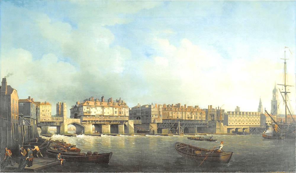 Old London Bridge in 1757 just before the removal of the houses, by Samuel Scott. Photo Credit: © Public Domain via Wikimedia Commons.