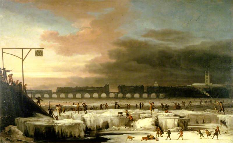Painting of The Frozen Thames, Looking Eastwards towards Old London Bridge by Abraham Hondius. Photo Credit: © Public Domain via Wikimedia Commons.