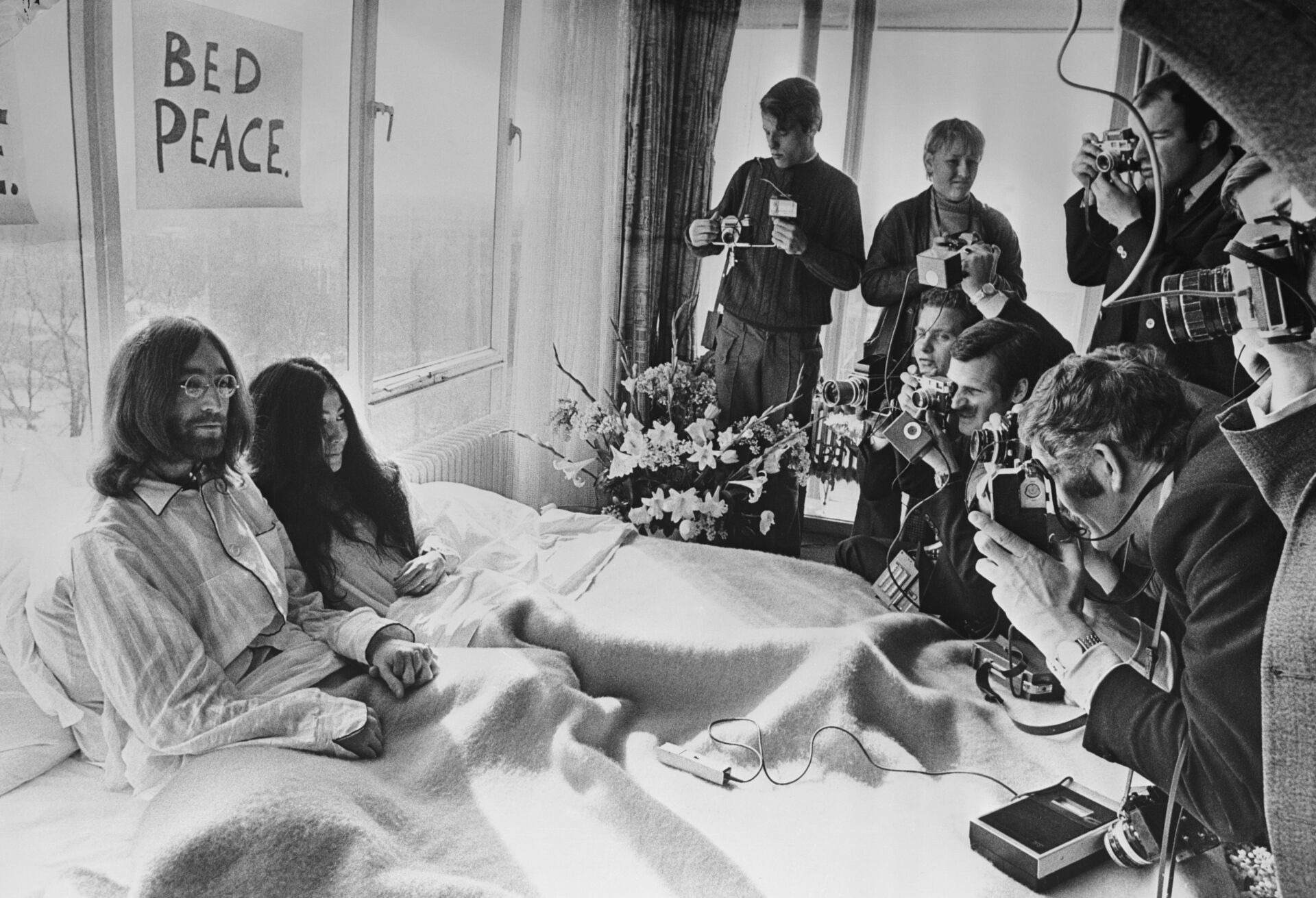 Yoko Ono and John Lennon, Bed-In for Peace, Amsterdam, 1969. Courtesy YO. Photo by Central Press/Getty Images via Tate Modern.